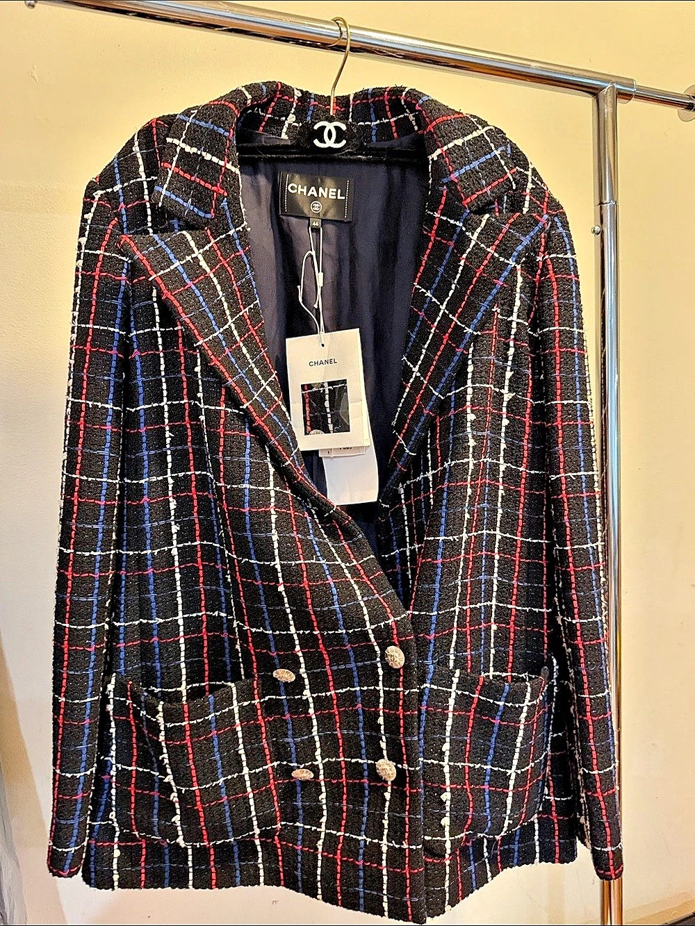 Chanel Plaid Tweed Blazer in Black & Red Size 44 NWT